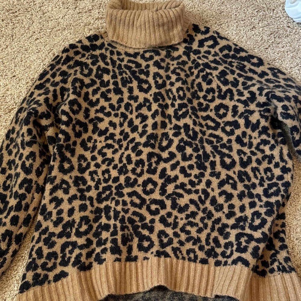 J. Crew Tan and Black Leopard Turtleneck Sweater